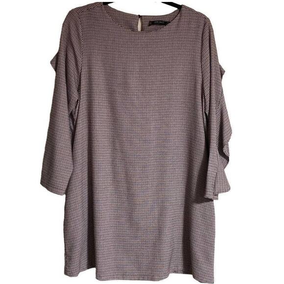 114. Zara Basic MIni Shift Dress Medium Houndstooth Ruffled 3/4 Sleeves Boho - Picture 1 of 9
